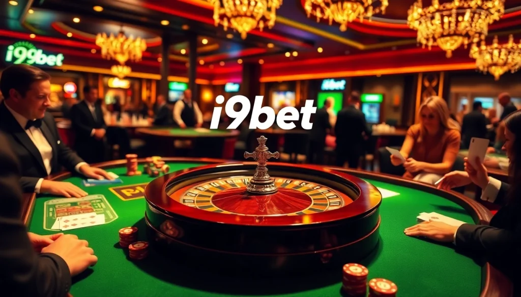 i9bet players eagerly betting at a lively roulette table in a vibrant casino setting.